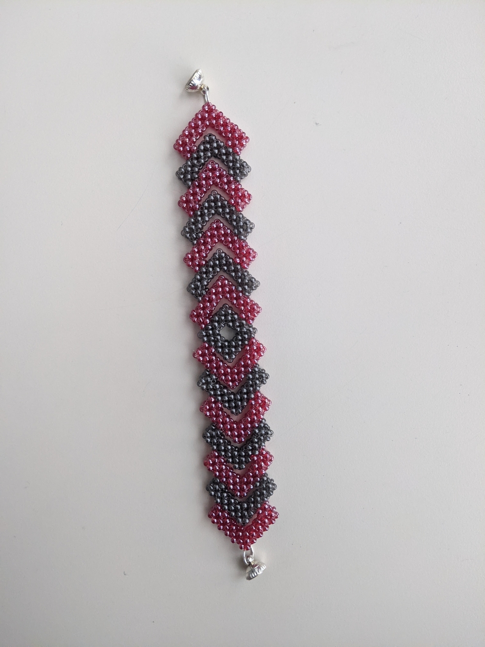 Pink and Gray Beaded Chevron Bracelet with Silver Clasp